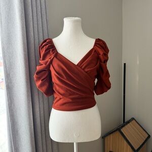 Revamped | women's small Rust Puff Sleeve low cut back wrap front Blouse